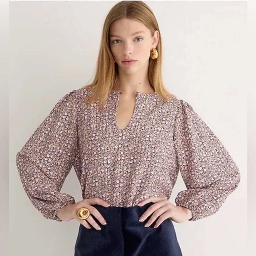 NWT J.CREW- Puff-sleeve Satin-back Crepe Top In FLORAL FLOURISH Maroon Size XS